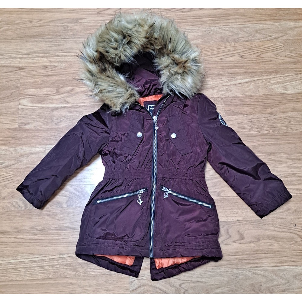 Baby Phat Girls Burgundy Parka Coat Hooded Lined Faux Fur Trim Zip Size 5/6